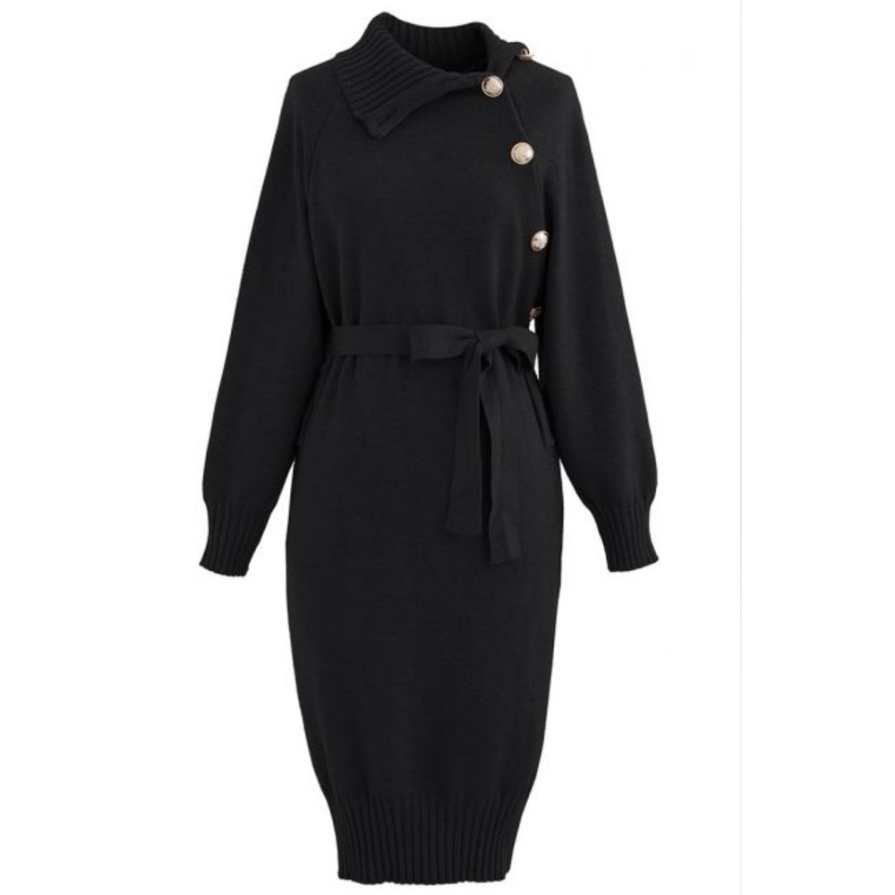 Black Turtleneck Knit Sweater Dress Gold Button Lantern Sleeve Belted Small Midi - Picture 3 of 11